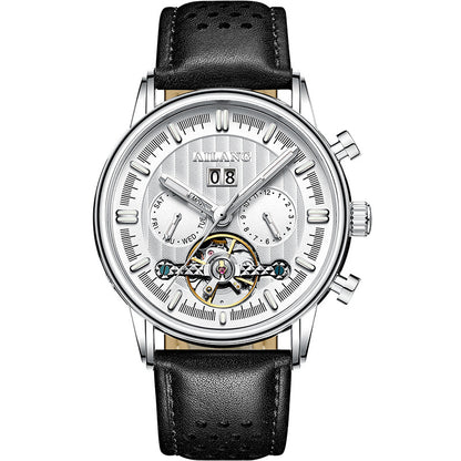 Watch with black leather strap and silver case on a white background