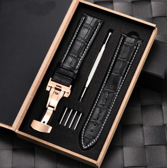 Black leather butterfly buckle bracelet with adjustable strap and metal clasp