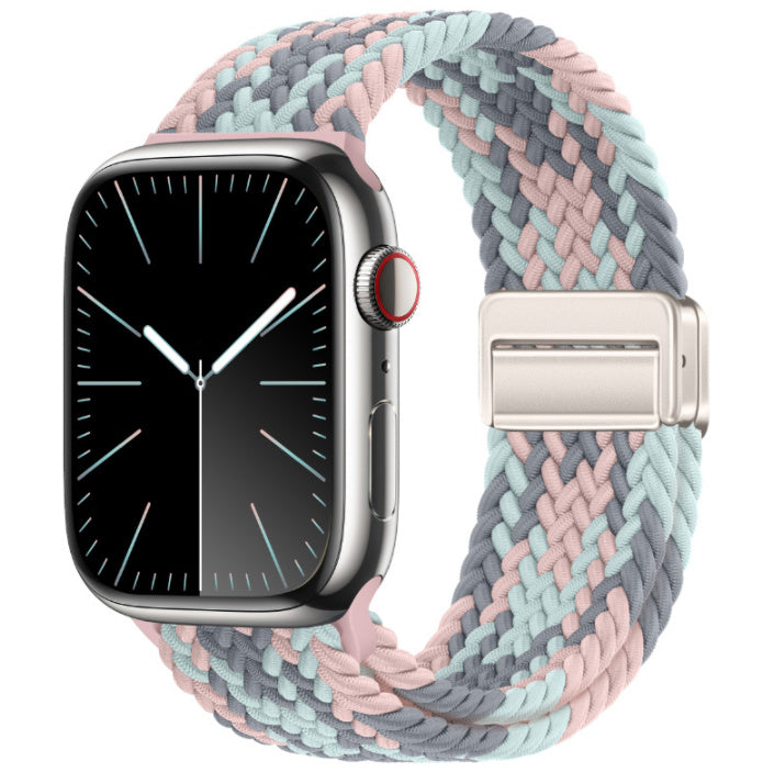 Smartwatch with a colorful braided band on a white background