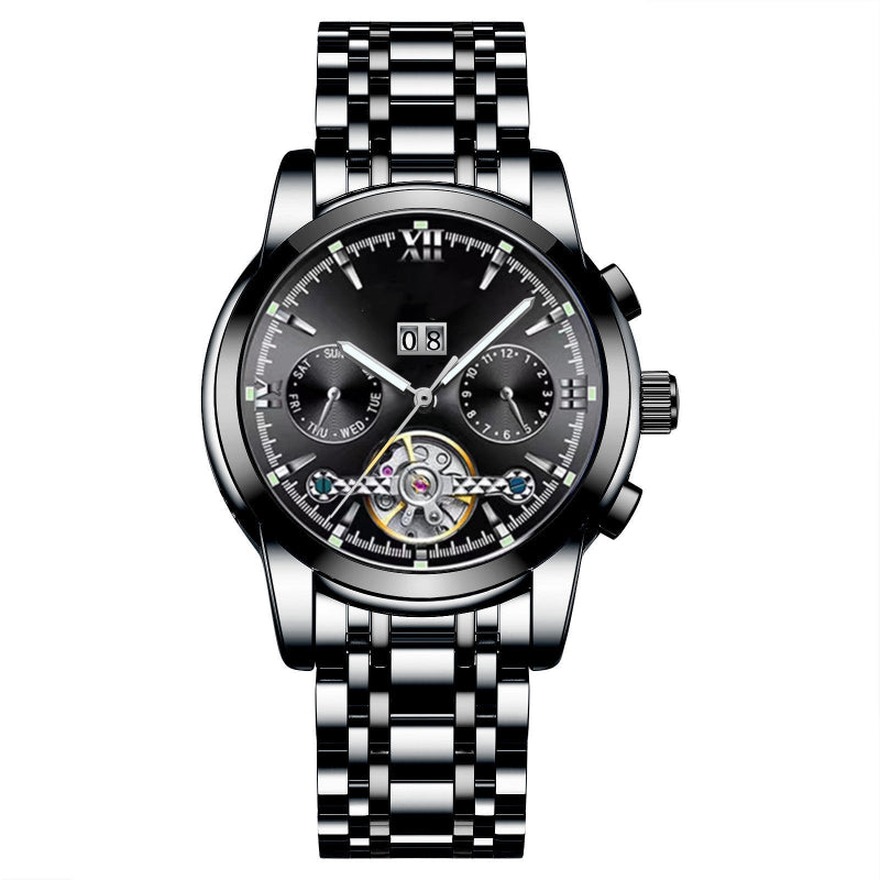 Luxury watch with black dial and silver metal strap on a white background