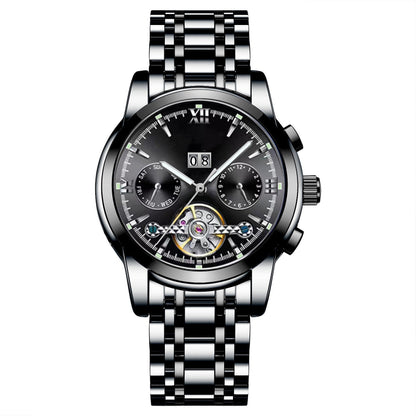 Luxury watch with black dial and silver metal strap on a white background