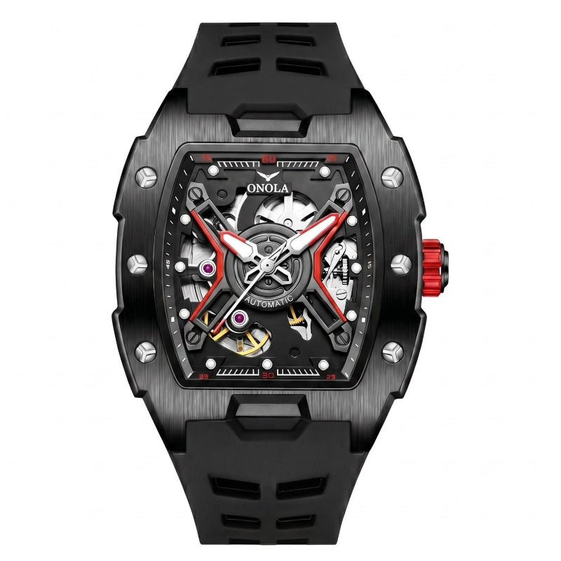 Men's sporty automatic mechanical watch with black silicone strap and red accent detail