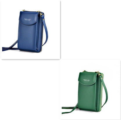 PU leather crossbody wallet purse, blue and green options with flap front and top zipper