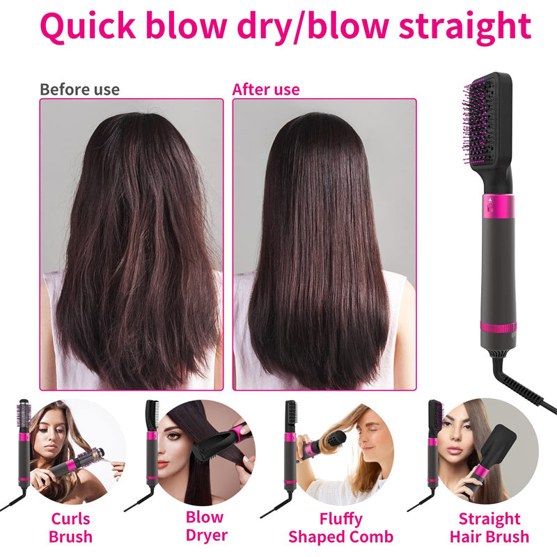 Hair styling tool with before and after use comparison on a white background