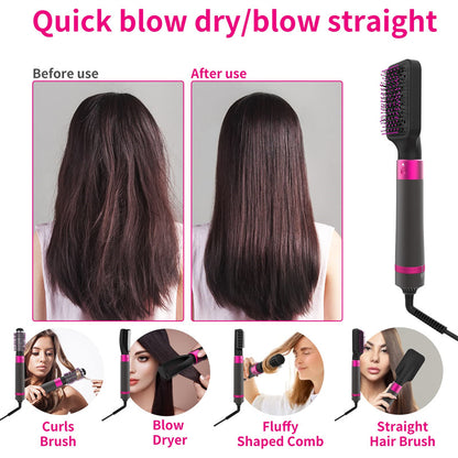 Hair styling tool with before and after use comparison on a white background