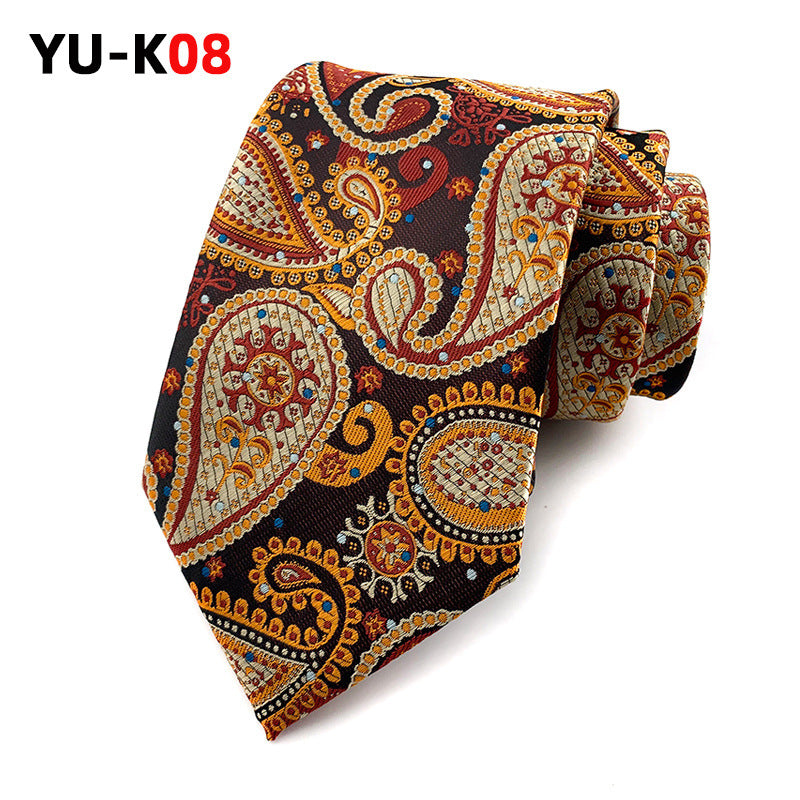 Patterned tie with intricate design on a white background, featuring the brand 'YU-K08'.
