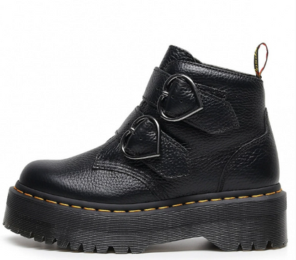 Women's thick-soled boots, black upper with heart-shaped buckle