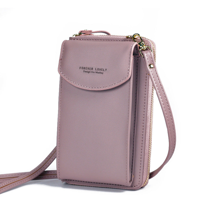 Mauve PU leather crossbody wallet bag with front flap and side zipper