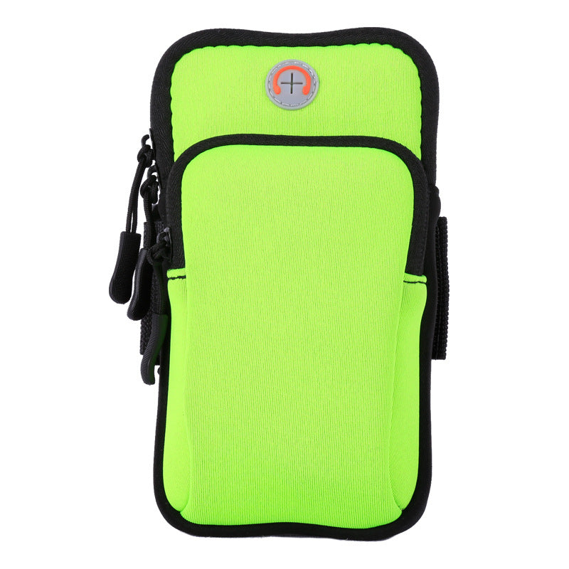 Lime green sports phone pouch with black trim and zippered front pocket