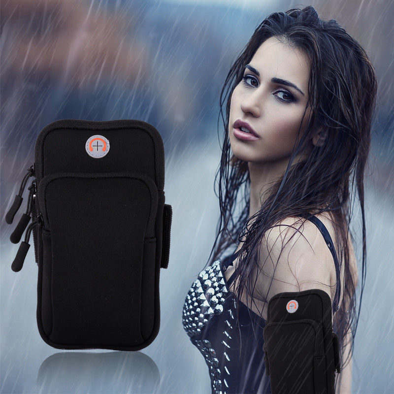 Black sports phone pouch with black trim and side attachment straps