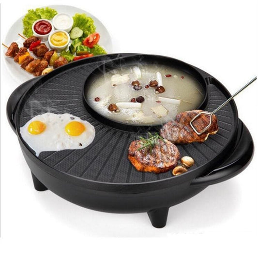 Multifunctional cooking pan with food items including eggs, meat, and vegetables on a white background