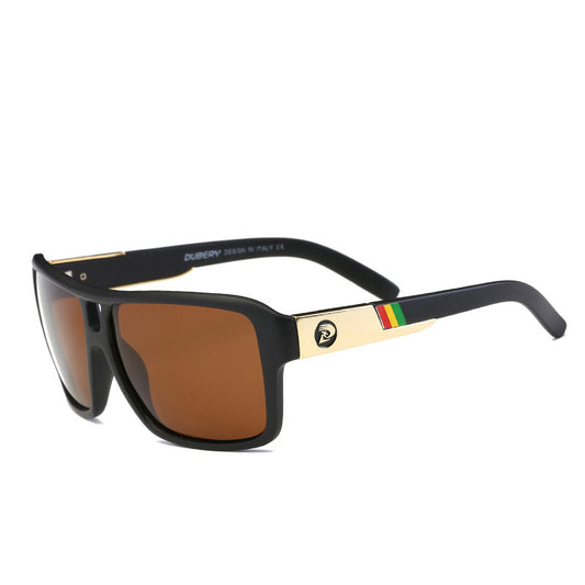 Sunglasses with black frame and brown lenses on a white background