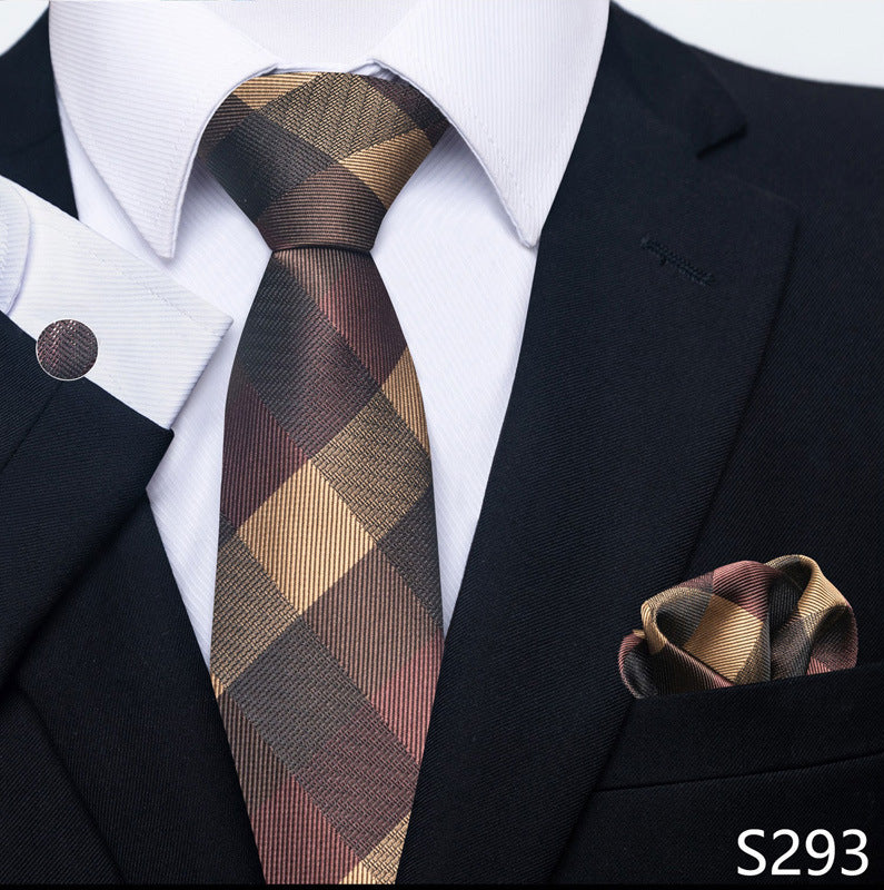 Men's formal brown diamond-pattern tie set with matching pocket square and cuff link