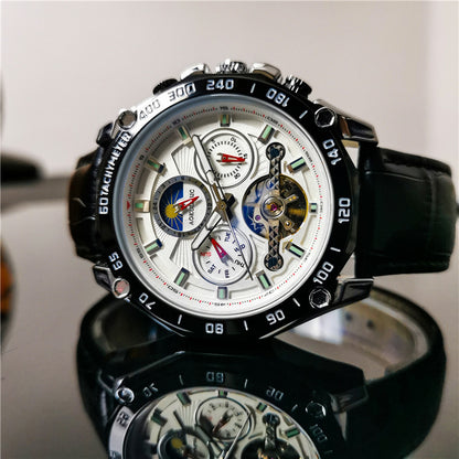 Men's automatic mechanical watch with multi-dial white face and black leather strap