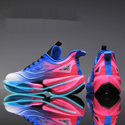 Boys racing sneakers with blue and pink knit upper, black laces and rubber sole