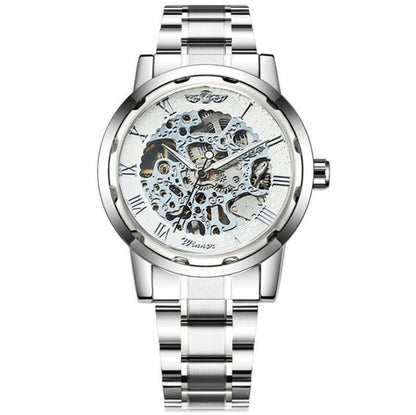 Silver wristwatch with mechanical design on a white background