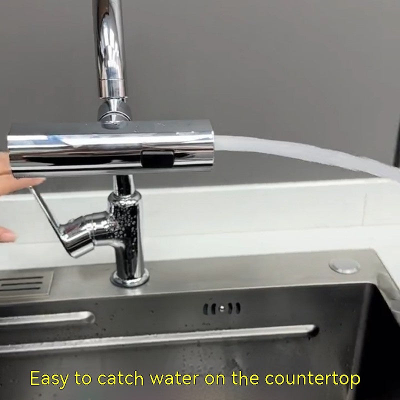 Chrome faucet with a hose attached over a sink, with text 'Easy to catch water on the countertop'.