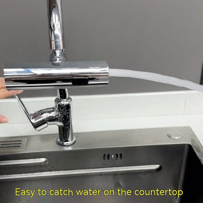 Chrome faucet with a hose attached over a sink, with text 'Easy to catch water on the countertop'.
