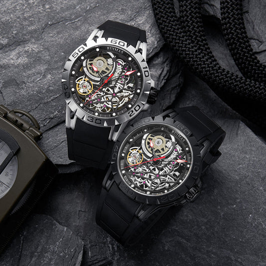Men's black and silver skeleton automatic mechanical watch with black rubber strap