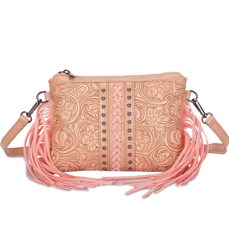 Women's crossbody bag, blush pink embossed PU with laced center panel and fringe