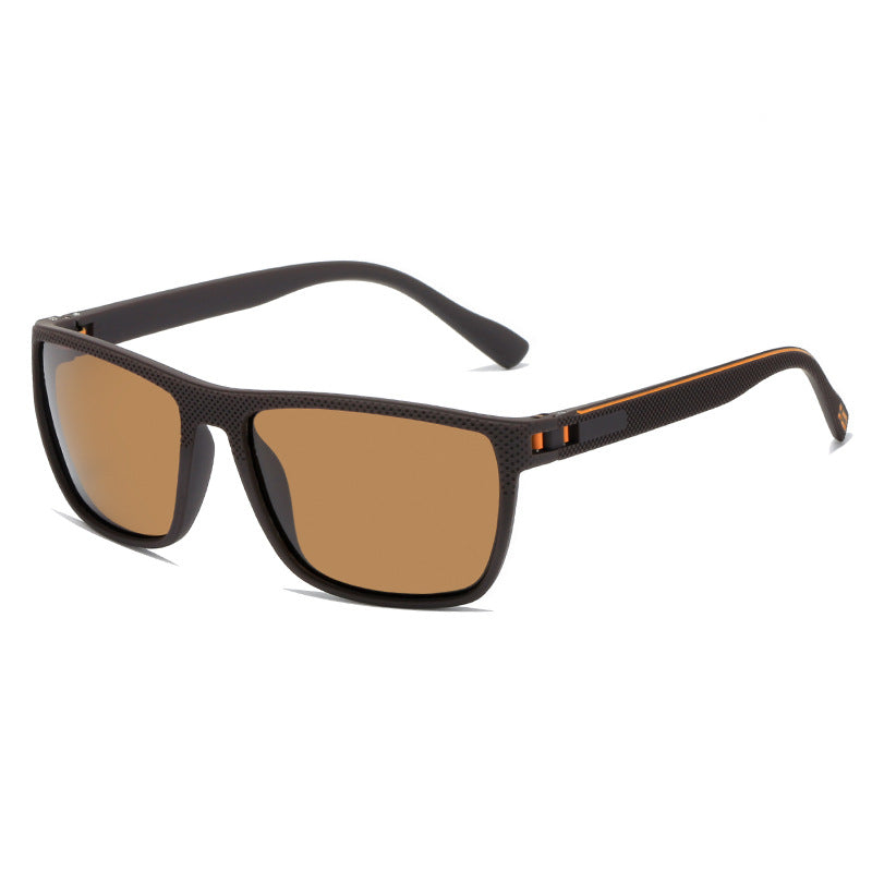 Polarized UV400 driving sunglasses, black PC frame with amber-brown lenses and orange arm accents