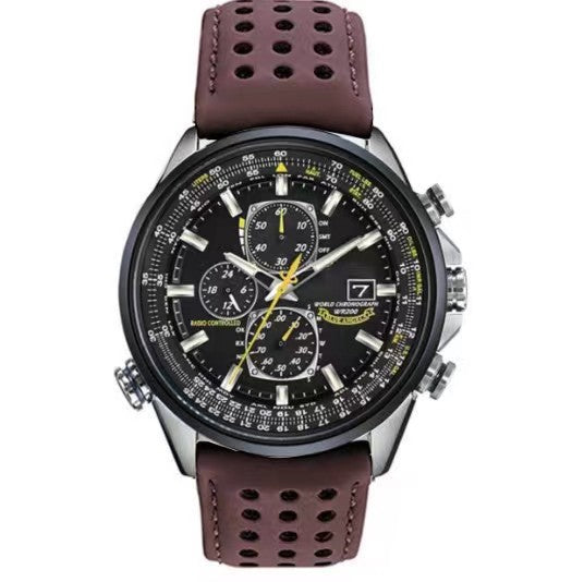 Wristwatch with brown leather strap and black dial on a white background