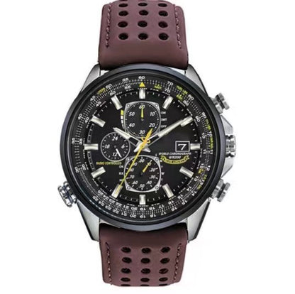 Wristwatch with brown leather strap and black dial on a white background