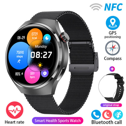 Dark round smartwatch with black mesh band and colorful activity circles on the screen