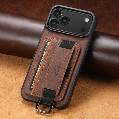 Brown leather phone case with strap on a brown background