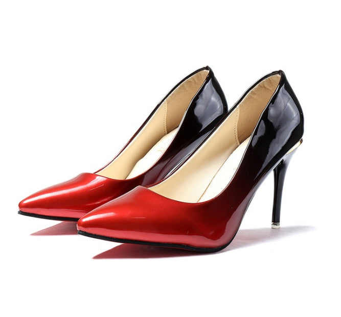 Women's high-heel shoes, red glossy with pointed toe and black heel counter