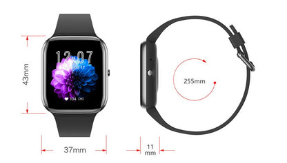 Smartwatch with dimensions displayed on a white background