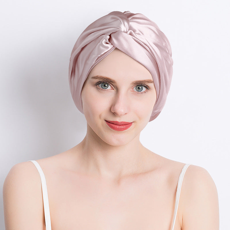 Women's satin cross nightcap, dusty pink turban with wrapped front