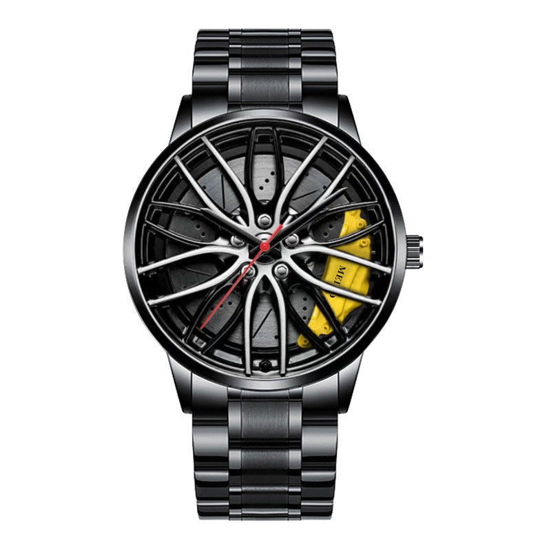 Men’s quartz wristwatch with metal bracelet; racing wheel dial with yellow accents