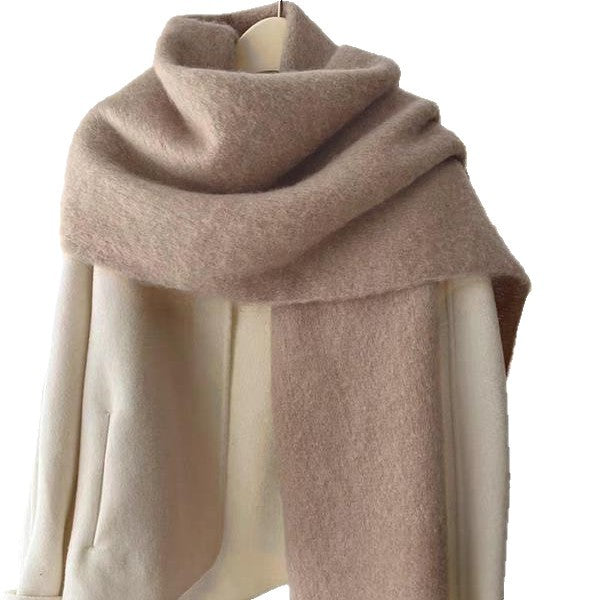 Women's wool-like scarf, taupe, fringed ends, wide wrap folded with a rounded cowl