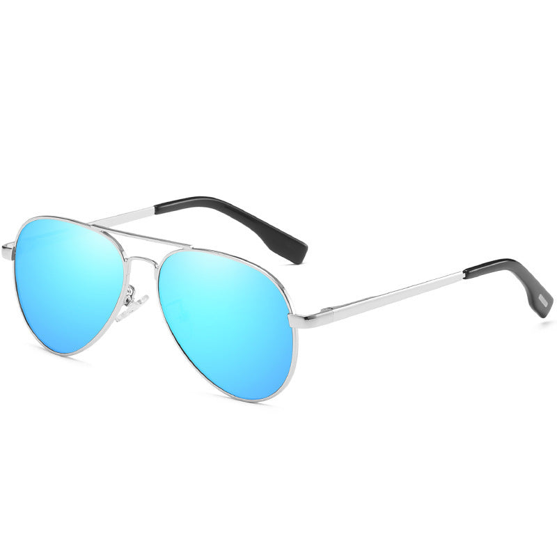 Polarized sunglasses with blue mirrored lenses and silver metal frame