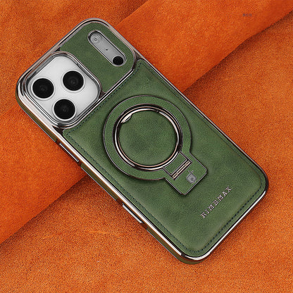 Green phone case with ring holder on an orange fabric background