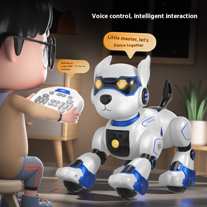 Child interacting with a robot dog using voice control in a home setting