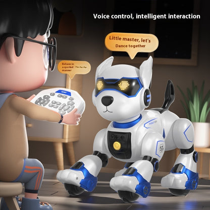 Child interacting with a robot dog using voice control in a home setting