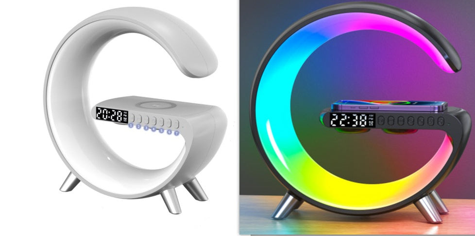 G-shaped LED lamp in white and black, with clock, speaker controls and wireless charging pad