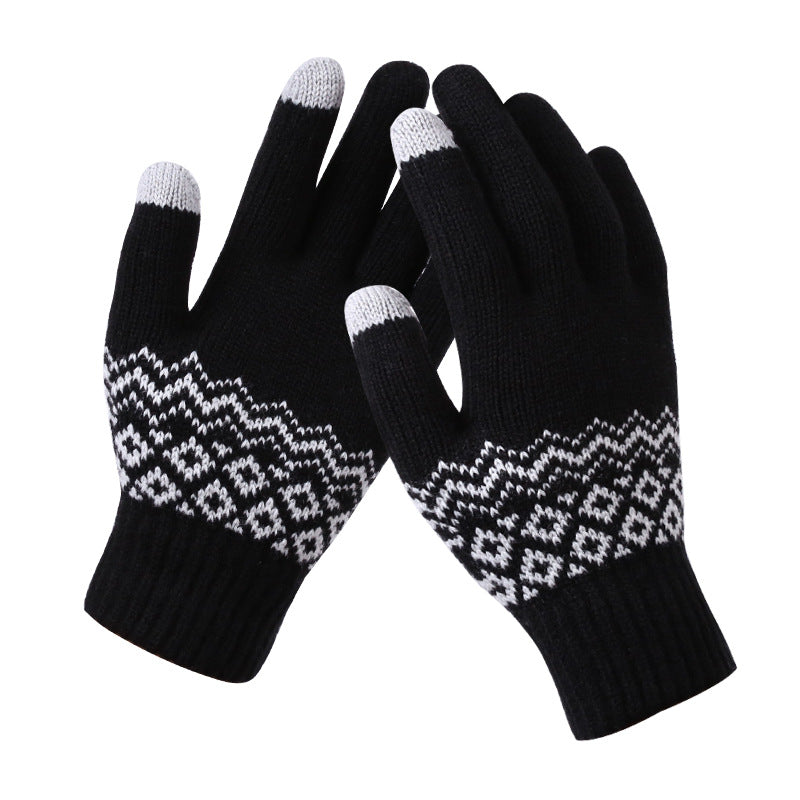 Black knit jacquard gloves with white zigzag pattern across palms