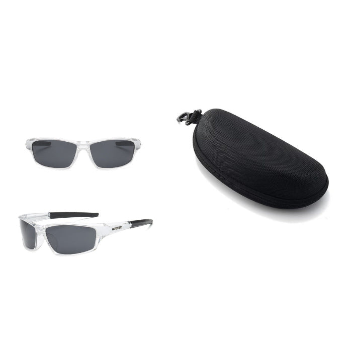 Polarized sports sunglasses with dark gray lenses, transparent frame, with protective case