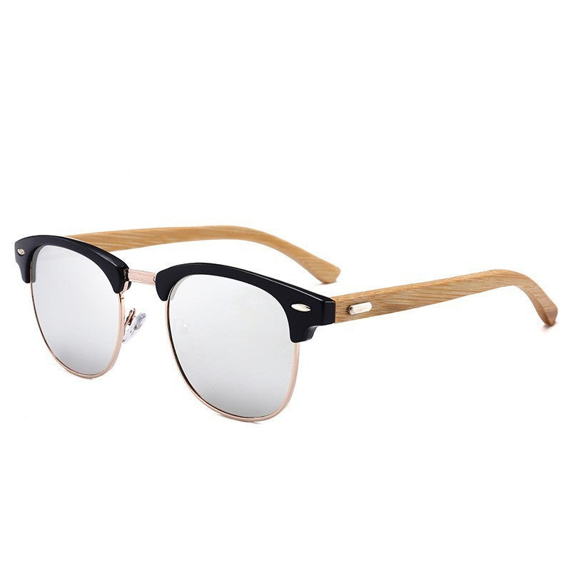 Glasses with black frames and wooden arms on a white background