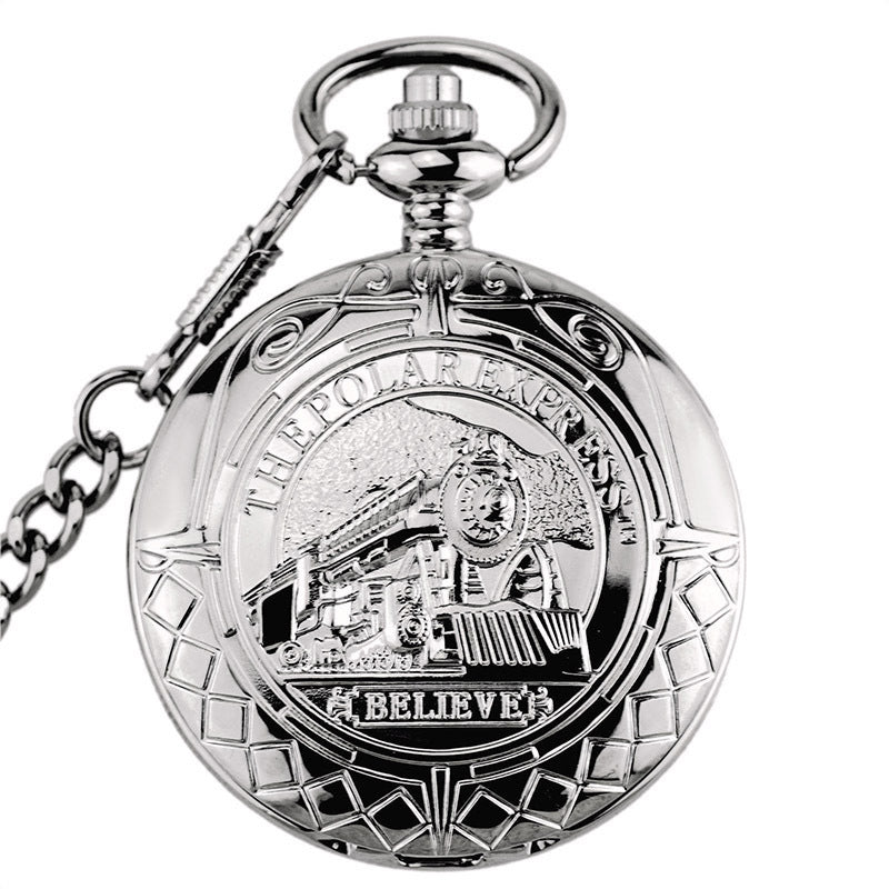 Silver pocket watch with detailed design on a white background