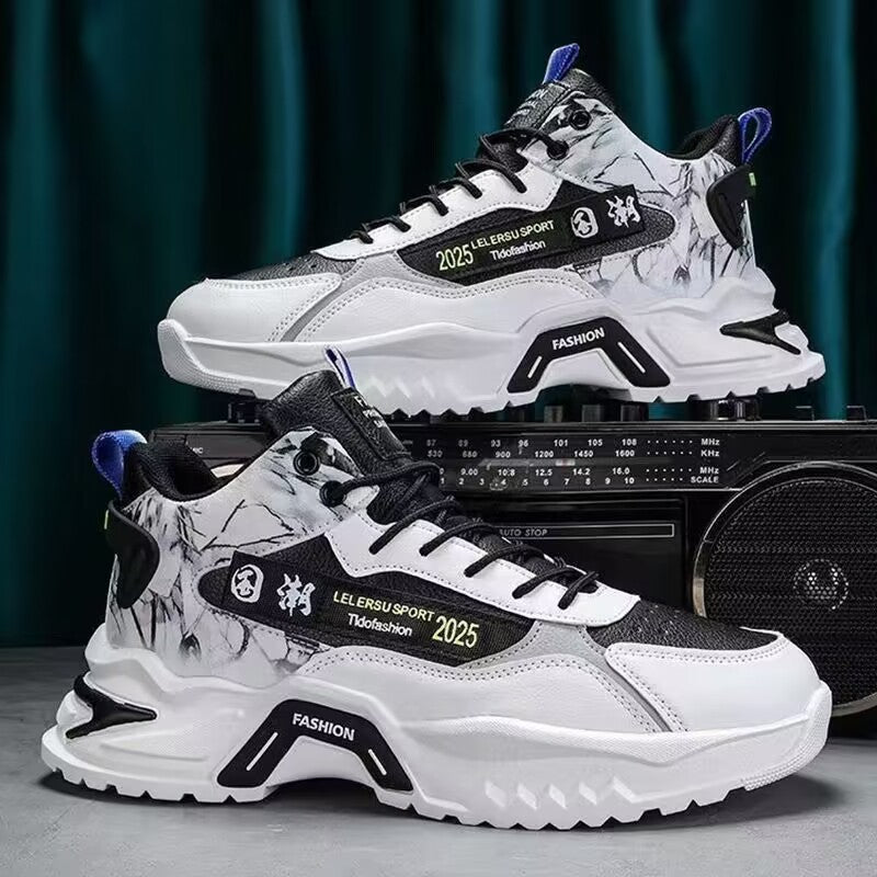 Men's casual dad shoes, black upper with white overlays and teal details, lace-up