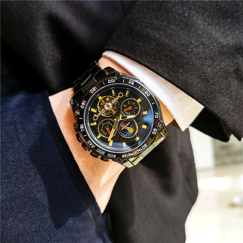 Men's automatic mechanical watch with black leather strap and gold-accented dial