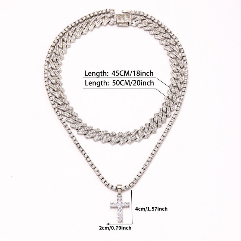 Silver necklace with cross pendant and measurement details on a white background