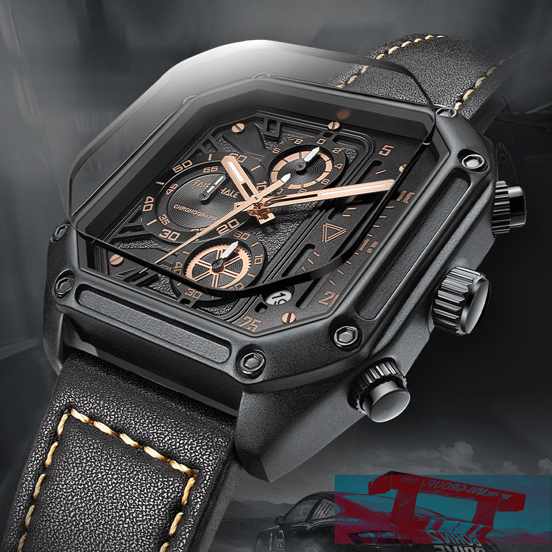 Luxury black watch with rose gold accents on a dark background