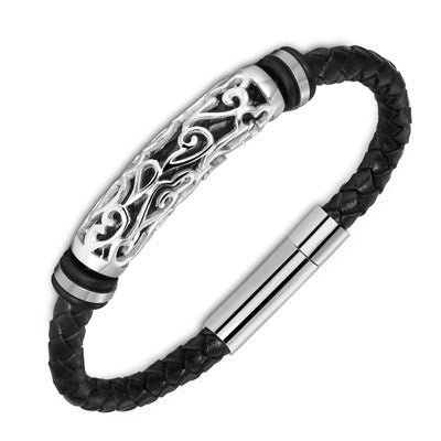 Black leather bracelet with silver metal clasp on a white background