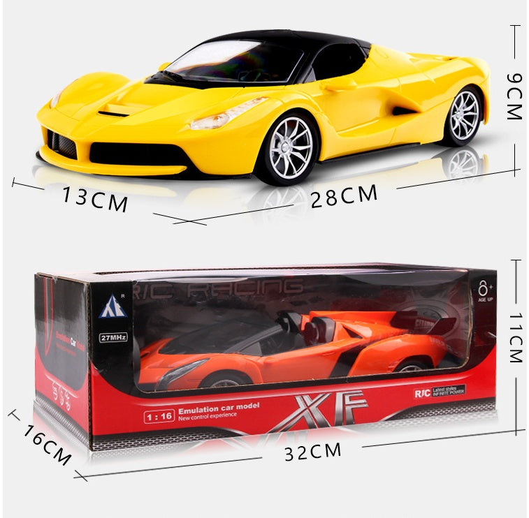 Yellow toy car with dimensions and packaging of an orange toy car in a box.