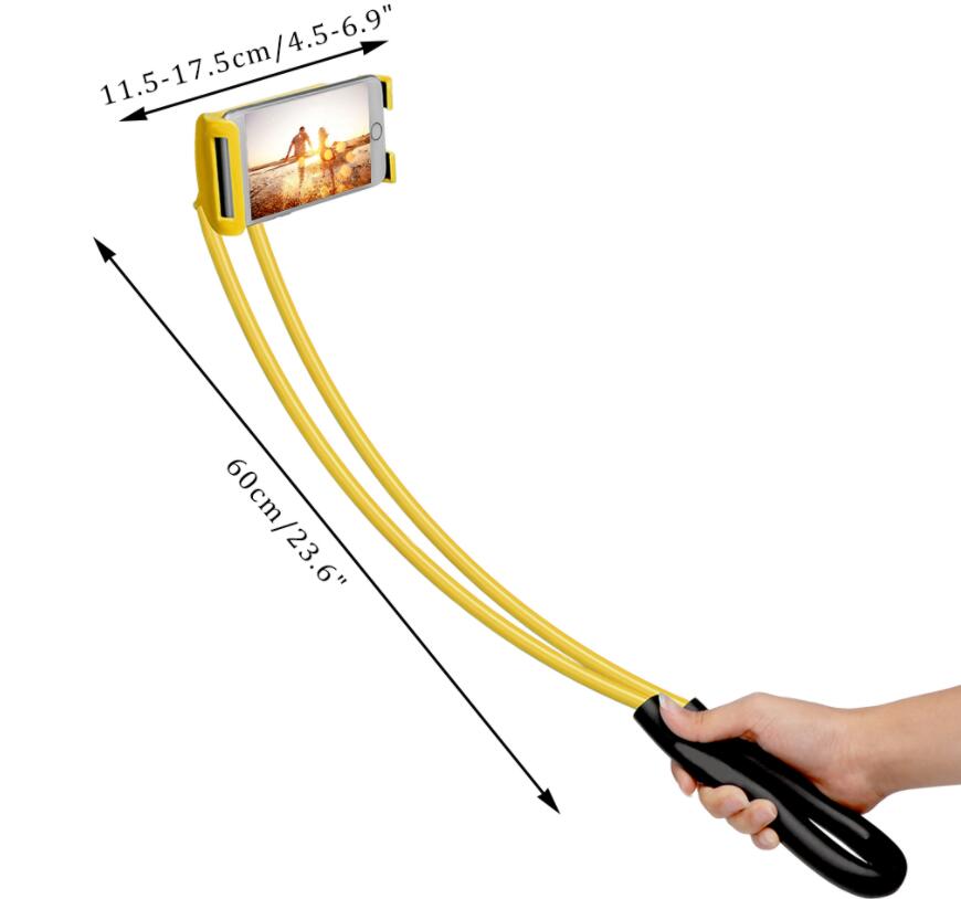 360-degree rotatable selfie phone holder with yellow arms and black grip, size view